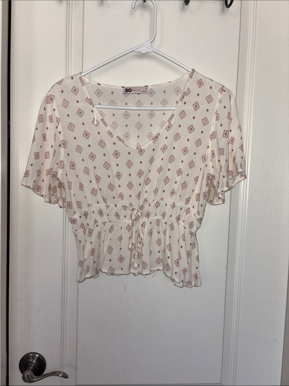SO Cream Peplum Blouse with Mauve Diamond Print